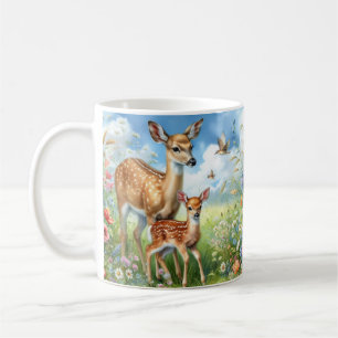 Café Caneca de cervo fêmea de pé em flores silvestres