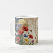 Caneca de Colagem Botânica de Abelha de Flor Silve