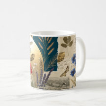 Caneca de Colagem Botânica de Abelha de Flor Silve