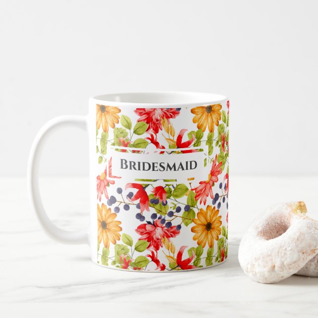 Café Caneca de Dama de Honra com Florais Vibrantes (Com Donut)