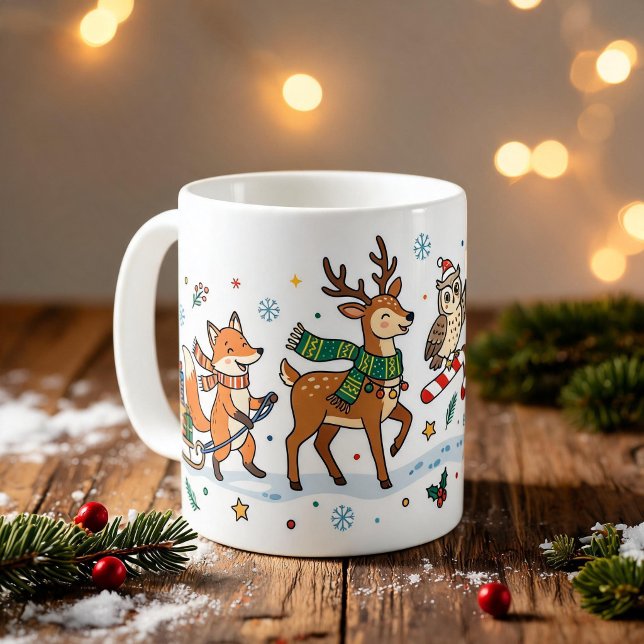 Café Caneca de desfile de animais de Natal para criança (Christmas animals parade Kids Mug)
