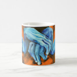 Café caneca de designer de arte mãos azuis
