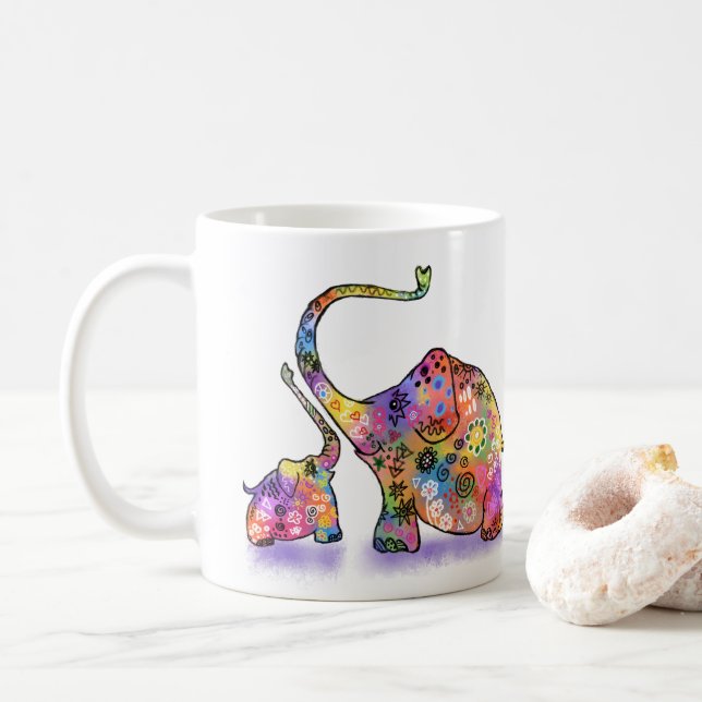 Café Caneca de Elefante Mãe e Bebê Colorida (Com Donut)