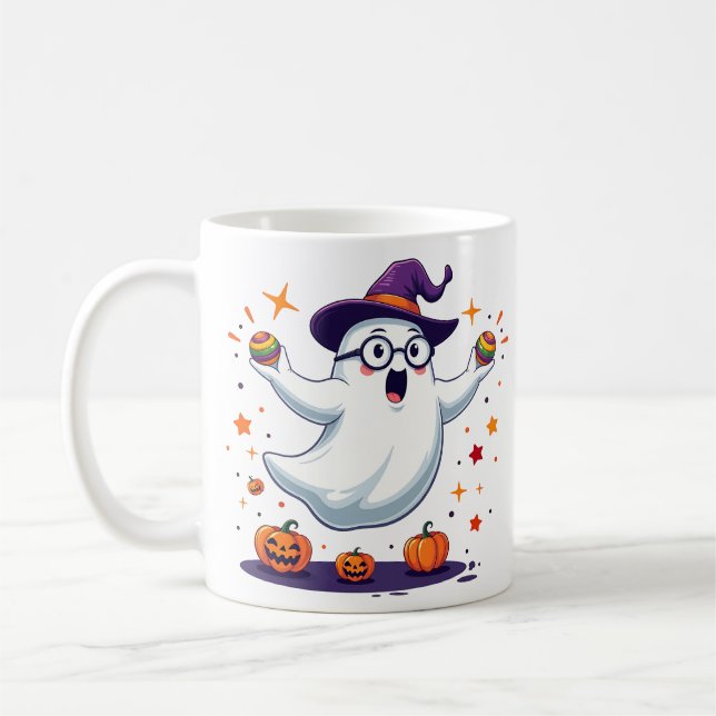 Café Caneca de Fantasma Fofo com Abóboras e Chapéu de B (Esquerda)