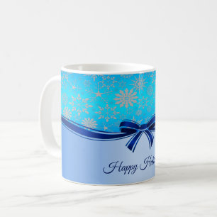 Café Caneca de Férias com Laço Azul e Flocos de Neve