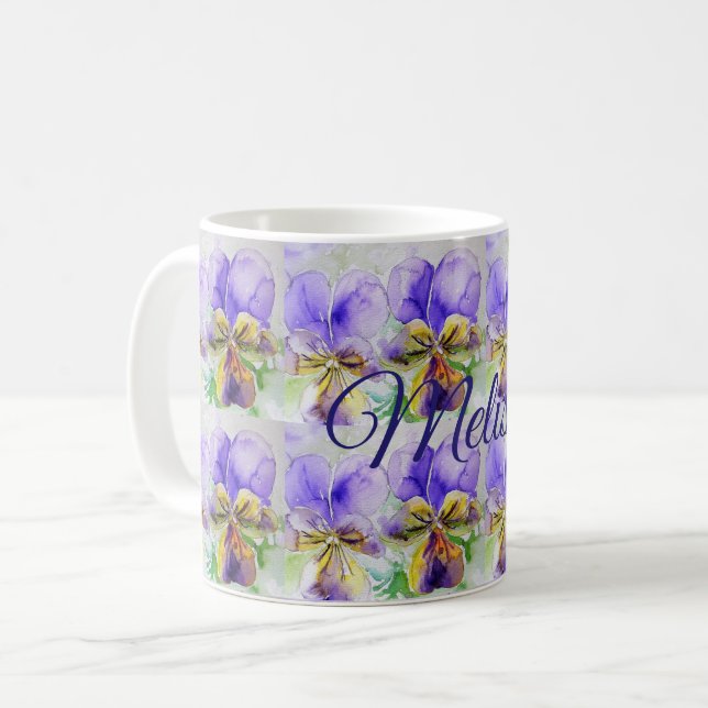 Café Caneca de Flores de Aquarela Viola Amor Floral Sen (Frente Esquerda)