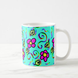 Café caneca de flores de fundo azul