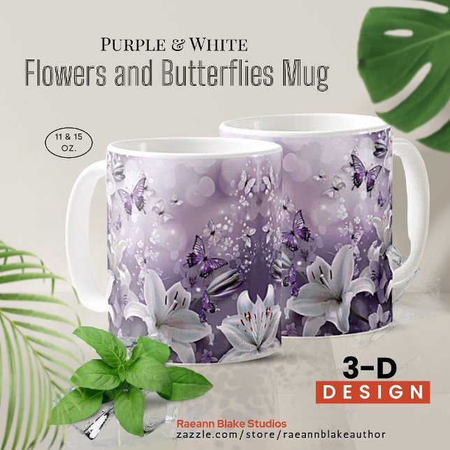 Café Caneca de Flores e Borboletas 3D Roxas e Brancas (Criador carregado)