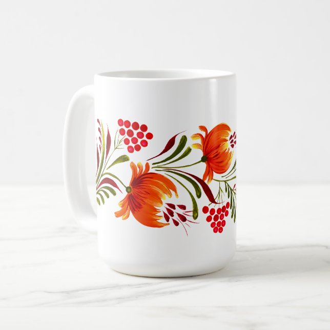 Café Caneca de flores laranja-brancas (Frente Esquerda)