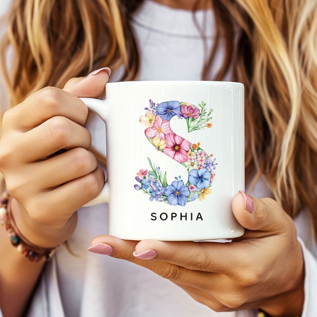 Café Caneca de Flores Personalizada Presente de Chá de  (floral alphabet mug gift for her, custom mug birthday gift wife, floral monogram graduation for girl)