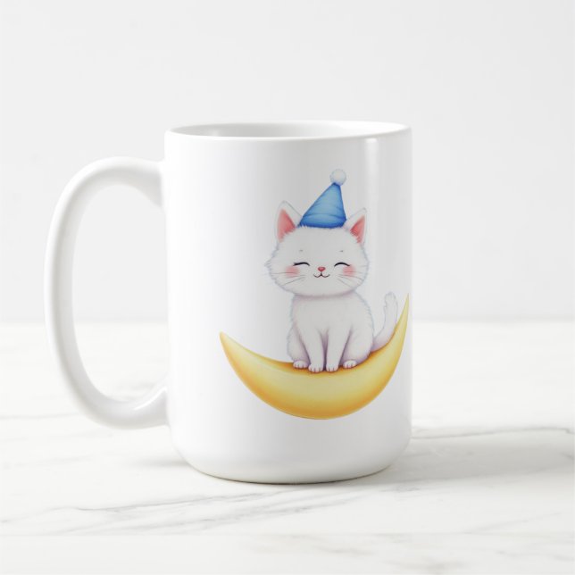 Café Caneca de Gatinho Branco Fofo na Lua (Esquerda)