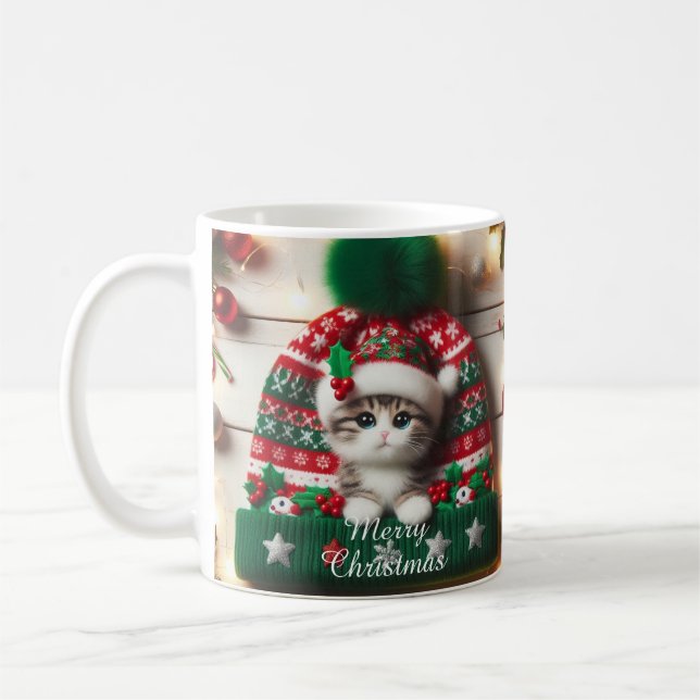 Café Caneca de Gato de Natal – Gatinho Fofo com Chapéu  (Esquerda)