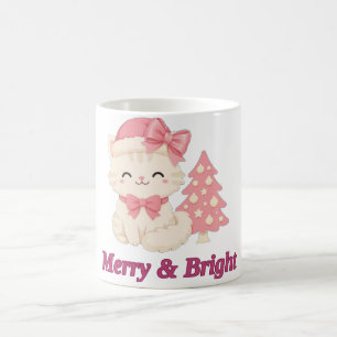 Café Caneca de Gato de Natal Rosa Alegre e Brilhante