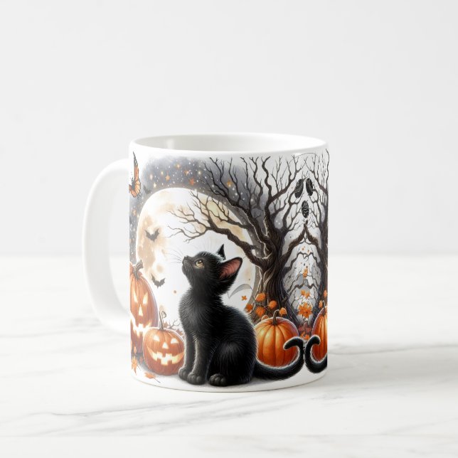Café Caneca de Gato Fofo de Halloween com Abóbora e Fan (Frente Esquerda)