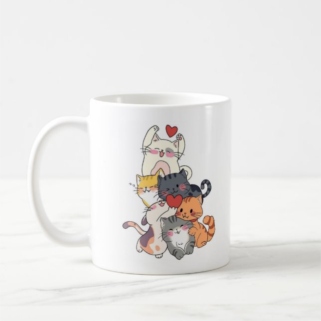 Café Caneca de Gatos de Desenho Animado Empilhados (Esquerda)