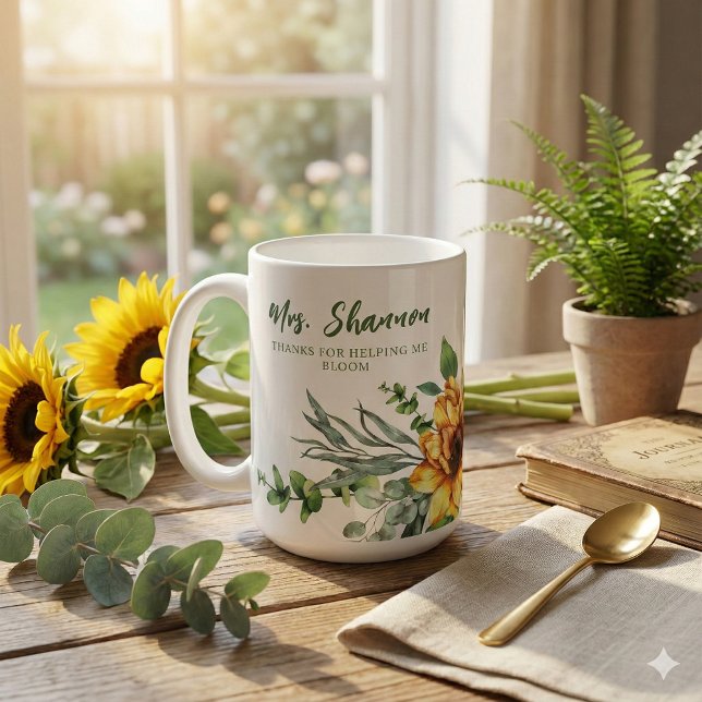 Café Caneca de girassol Thanks For Helping Me Bloom (Thank a special teacher with this beautiful sunflower, "Thanks for helping me bloom" mug! )