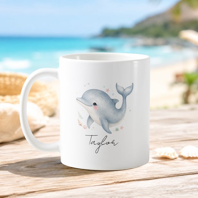 Café Caneca de Golfinho Tartaruga com Nome Personalizad (Custom Name Script Font Dolphin Turtle Mug)