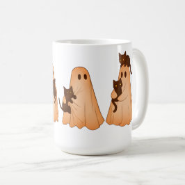 Café Caneca de Halloween de Fantasma Fofo e Gato Preto
