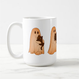 Café Caneca de Halloween de Fantasma Fofo e Gato Preto