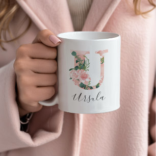 Café Caneca de Inicial de Aquarela Floral - U