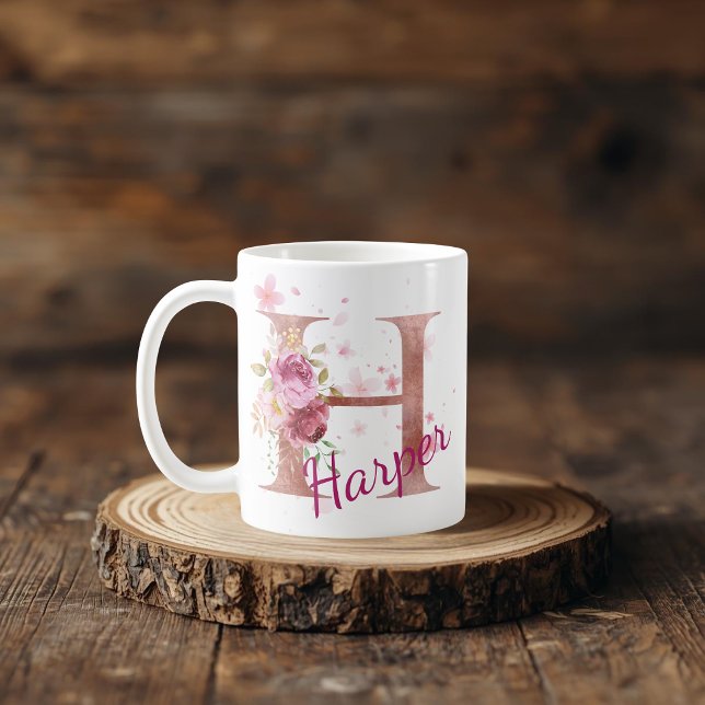 Café Caneca de Inicial Floral Personalizada – Letra H (Criador carregado)