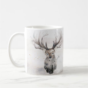 Café Caneca de Inverno com Veado da Floresta em Aquarel