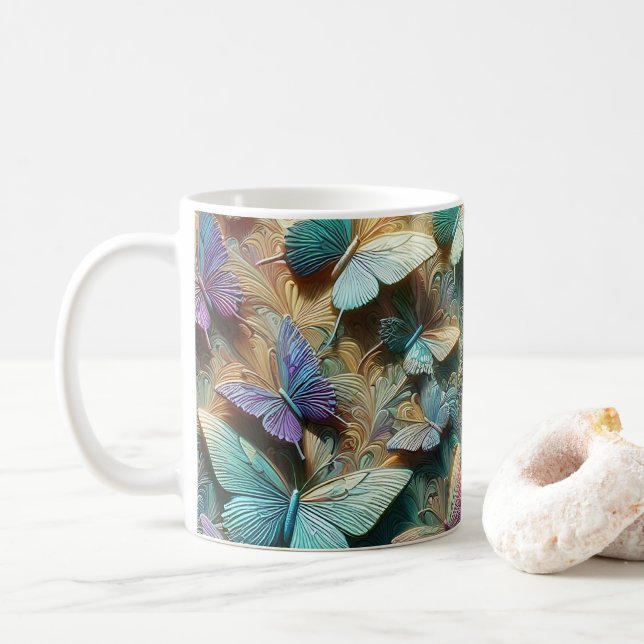 Café Caneca de Jardim de Borboletas Iridescentes (Com Donut)