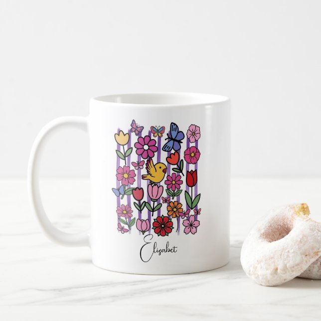 Café Caneca de Jardim de Primavera Fofo Flores Borbolet (Com Donut)