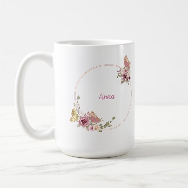 Café Caneca de Latte Borboleta Floral em Rosa Dourado – (Esquerda)