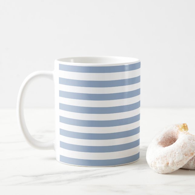 Café Caneca de Listra Azul e Branco  (Com Donut)
