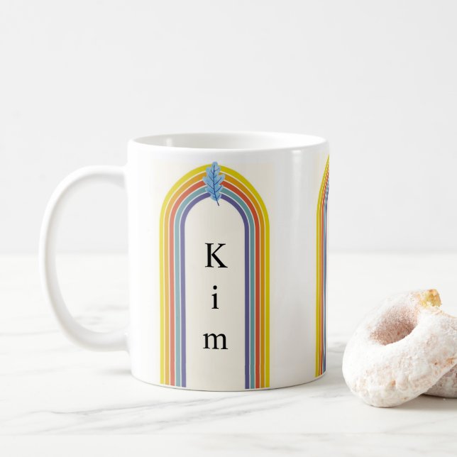 Café Caneca de Listra de Arco-Íris Abstrato Laranja e A (Com Donut)