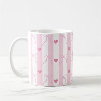 Café Caneca de listras rosa e branco com laços e coraçõ