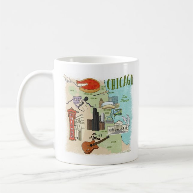 Café Caneca de Mapa Ilustrada de Chicago (Esquerda)