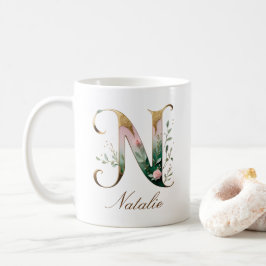Café Caneca de Monograma com Letra N Floral em Ouro Ele