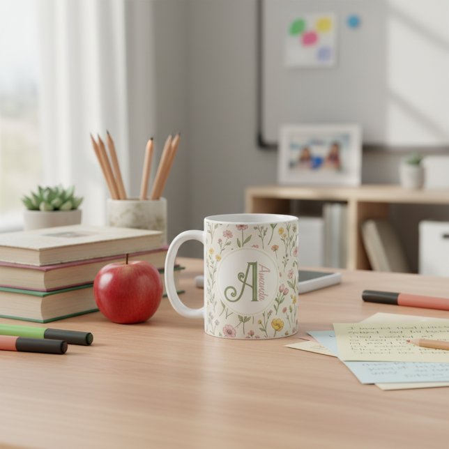 Café Caneca de Monograma de Flor Silvestre de Presente  (Custom Teacher Appreciation Gift)