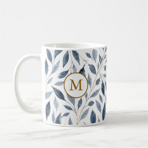 Café Caneca de Monograma de Folha Azul Elegante com Ini