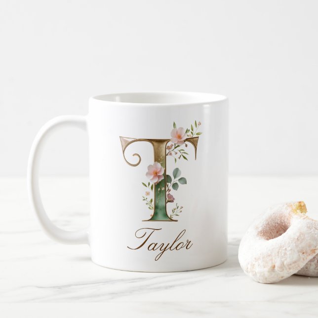Café Caneca de Monograma de Letra T Floral em Ouro Eleg (Com Donut)
