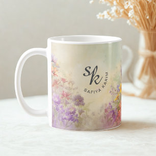 Café Caneca de Monograma Floral em Aquarela Personaliza