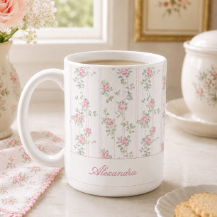 Café Caneca de Monograma Floral Rosa Personalizada