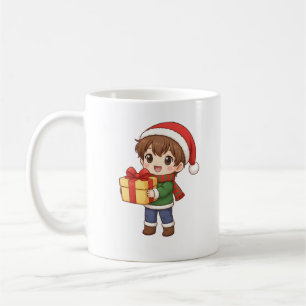 Café Caneca de Natal Bonito Menino Segurando Presente