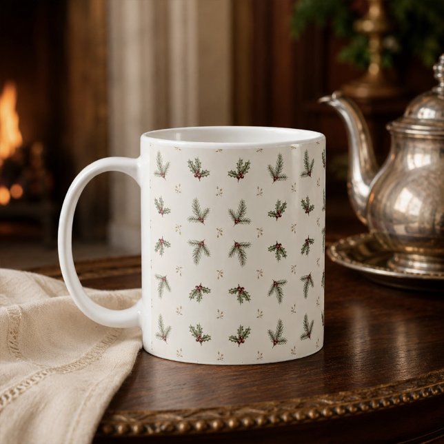 Café Caneca de Natal Botânica Evergreen Marfim (Ivory Evergreen Botanical Christmas Mug)