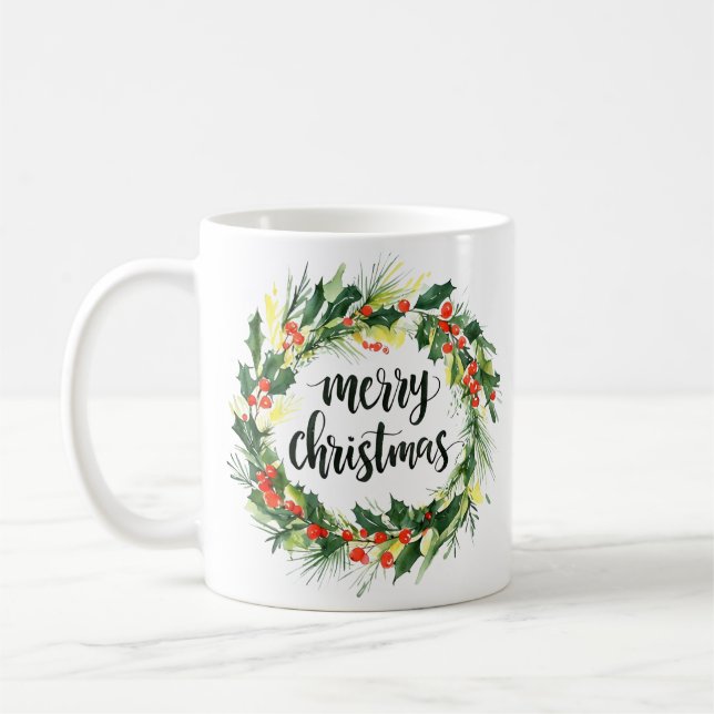 Café Caneca de Natal com Coroa de Natal em Aquarela – F (Esquerda)