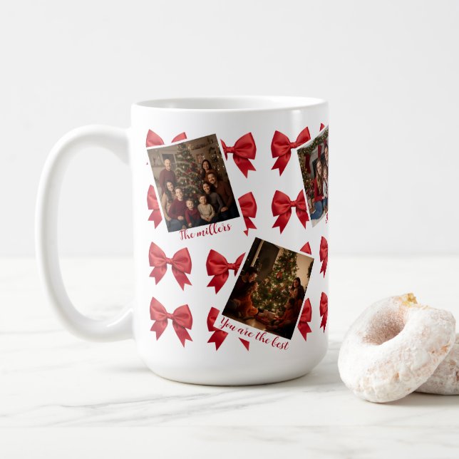 Café Caneca de Natal com Múltiplas Fotos e Laços Vermel (Com Donut)