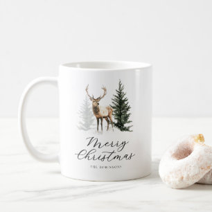 Café Caneca de Natal da Família de Veado em Aquarela