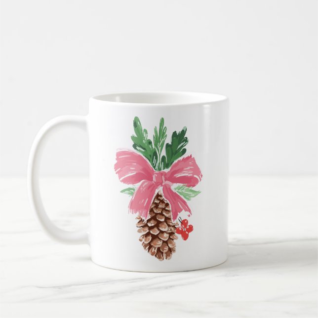 Café Caneca de Natal de Pinha Rústica com Laço Vermelho (Esquerda)