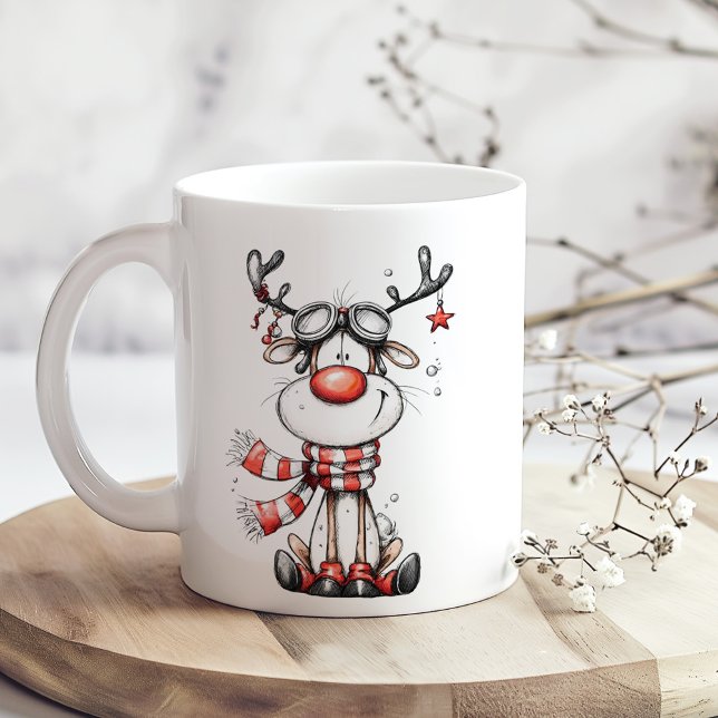 Café Caneca de Natal de Renas Engraçadas – Oh Rena! (Funny Reindeer Christmas Mug – Oh Deer! on a boho wooden table with tiny white flowers)