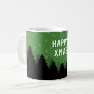 Café Caneca de Natal Feliz Verde com floresta, árvores 