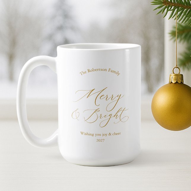 Café Caneca de Natal “Merry & Bright” em Dourado Elegan (Criador carregado)