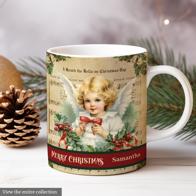 Café Caneca de Natal Personalizada Anjo Retro Acento de (Personalized Holiday Mug Retro Angel Table Accent)