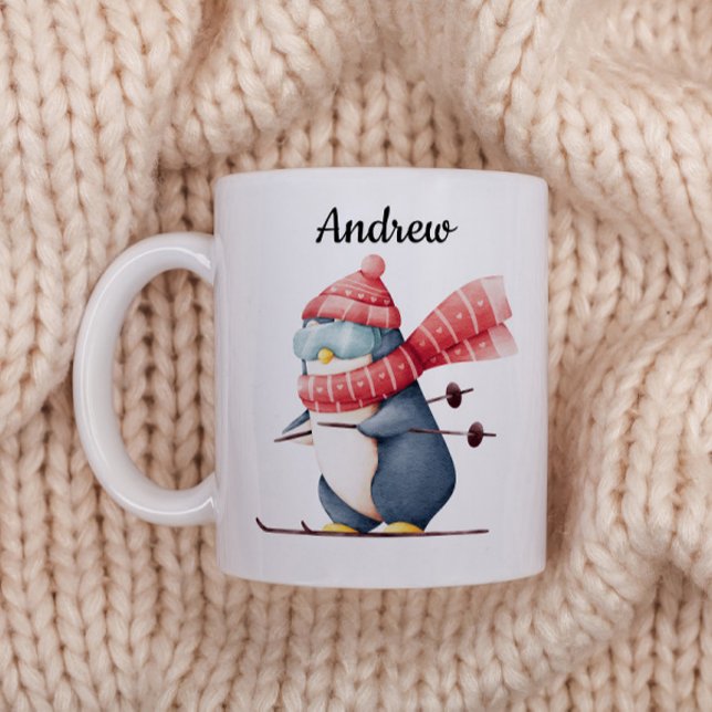 Café Caneca de Natal Personalizada Com Um Pinguim Esqui (Criador carregado)